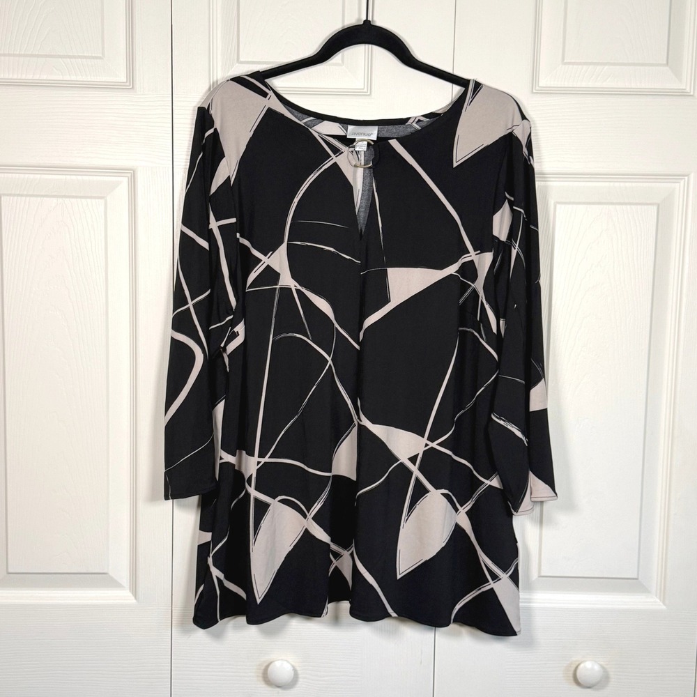 Avenue Plus Size 18 Geometric Abstract Keyhole Ring Top Black Pink 3/4 Sleeve